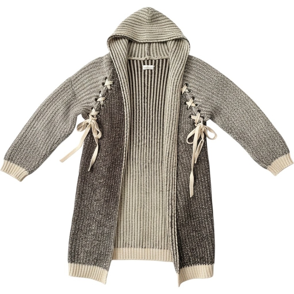 Cloth & Clover Hooded Cardigan Women S/M Grey, Lace Up Side Rib Knit Sweater